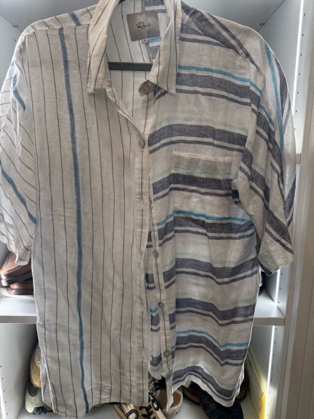 Rails Women Button-Down Shirt with Blue and Gray Stripes